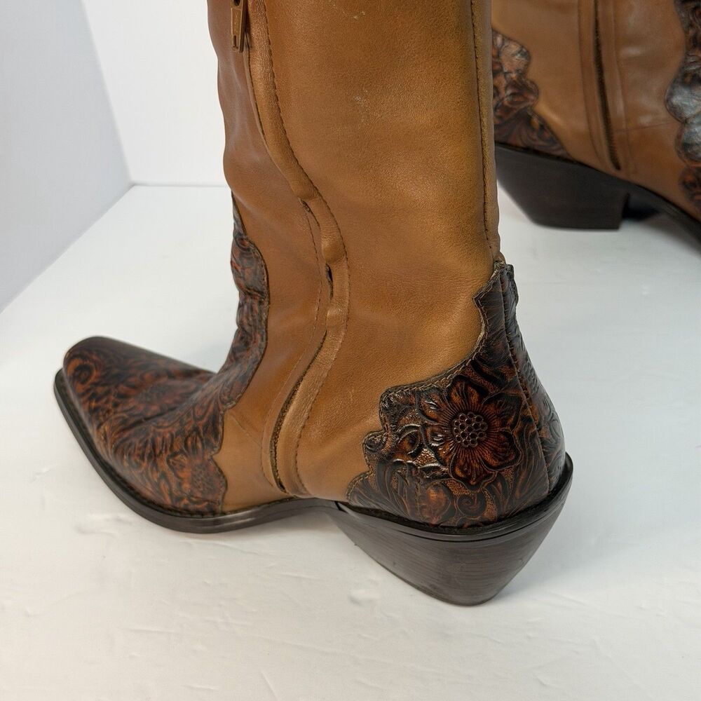 Coldwater Creek Women's 8.5 M Leather Western Boots Tooled Floral Brown Zip - Picture 11 of 16